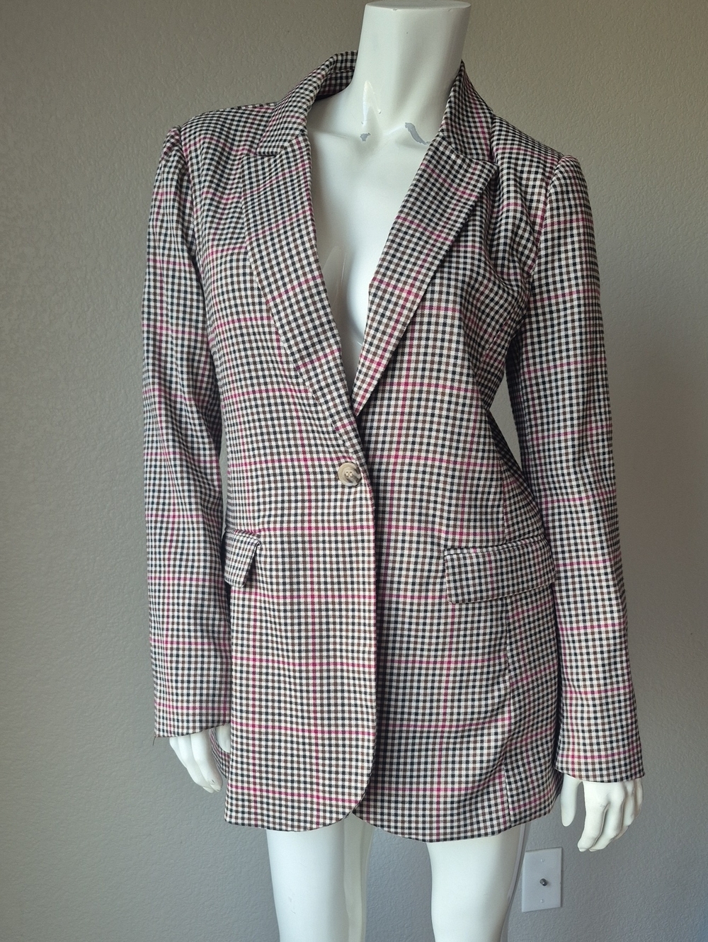 Marled Pink & Black Houndstooth Single-Button Blazer